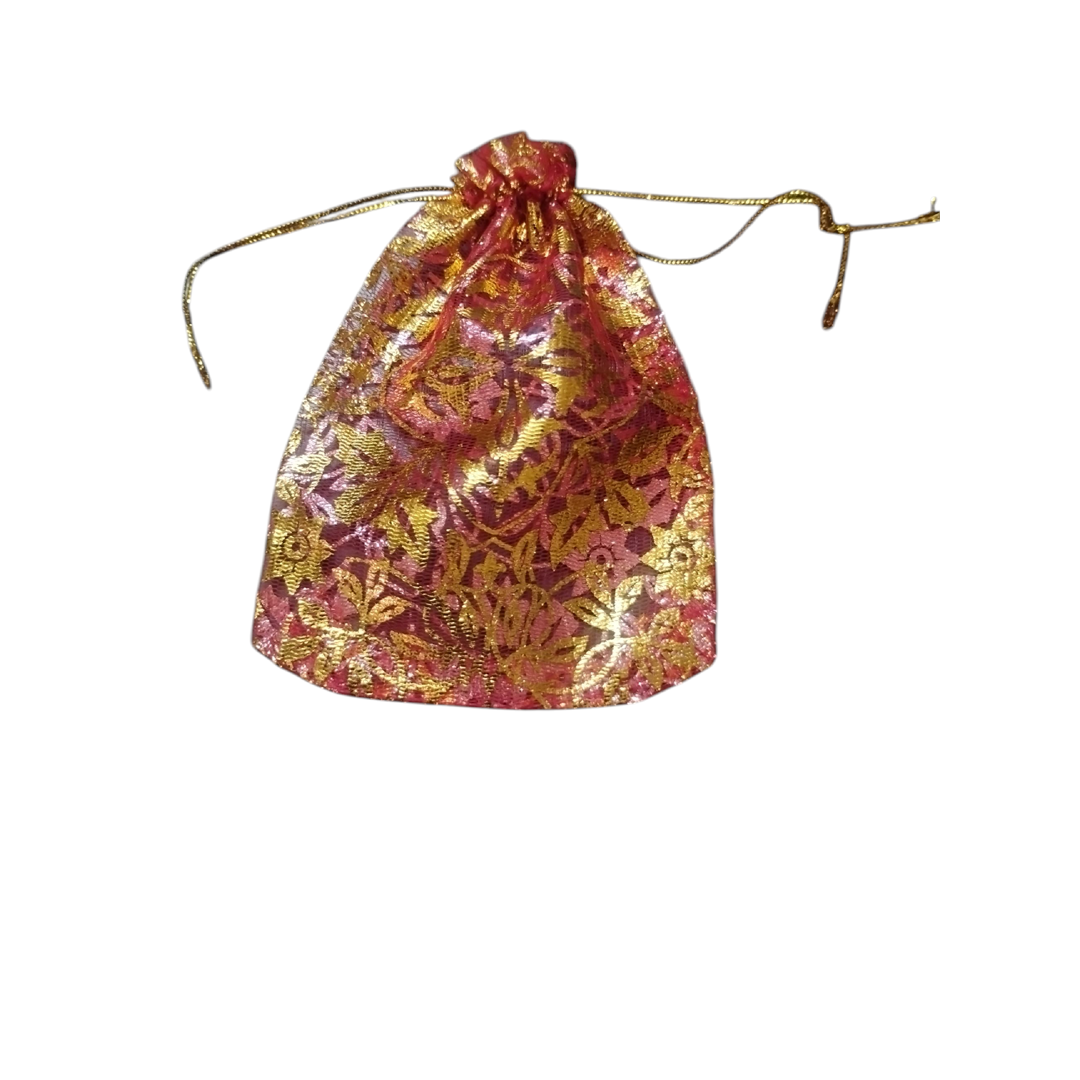 “Golden Floral Printed Organza Gift Bags – Reusable Drawstring Pouches for Return Gifts, Jewelry & Dry Fruits” Pack of 75